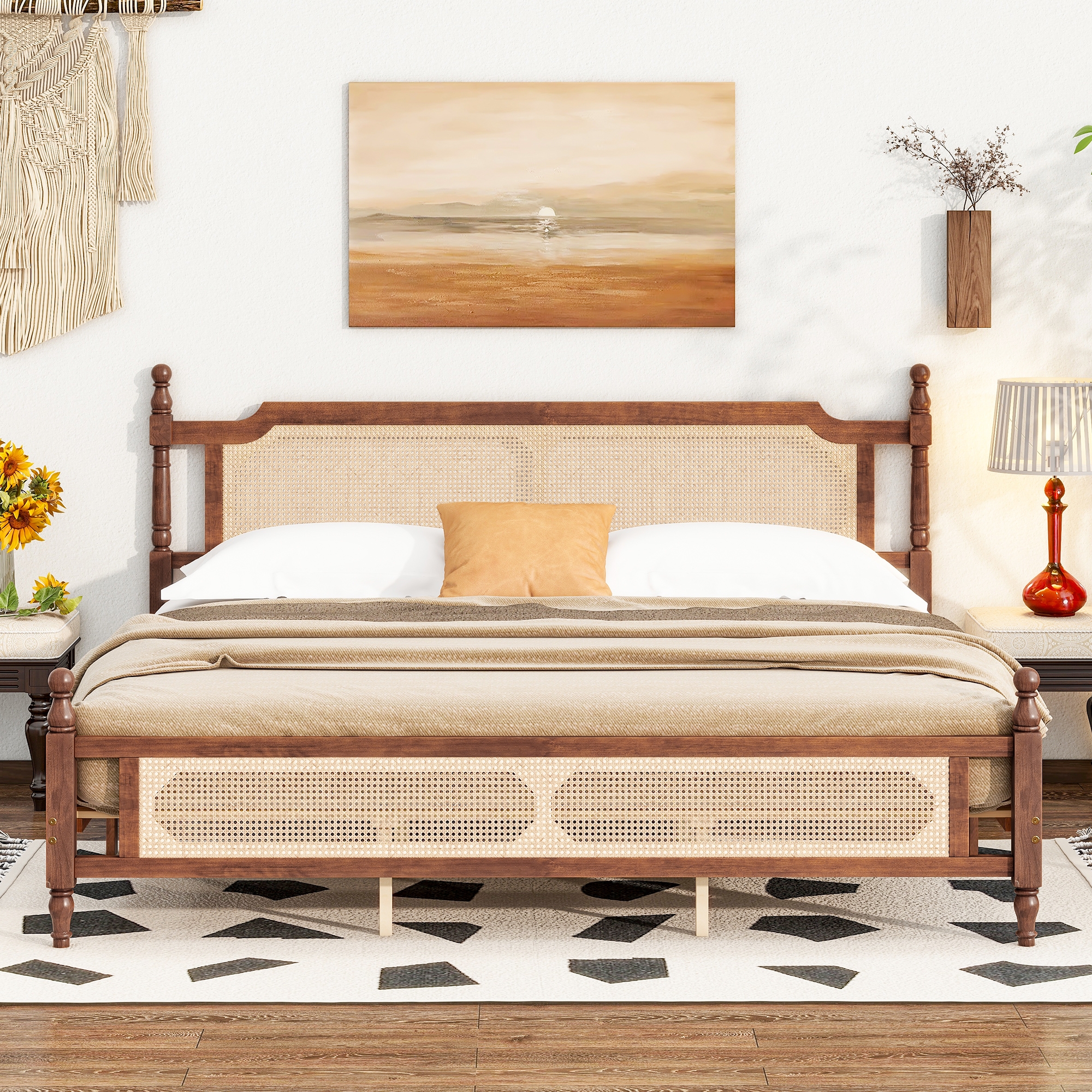 King Platform Bed with Rattan Headboard and Footboard, Pine Wood with Central Enhanced Leg, Walnut -ModernLuxe