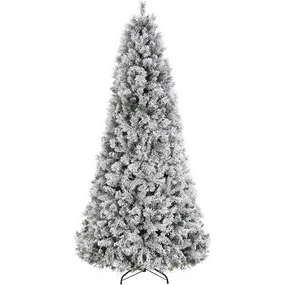Snow Flocked Artificial Christmas Tree with 300 Multicolor LED Lights - 8 Lighting Modes, Foldable Metal Base, Flame Retardant PVC