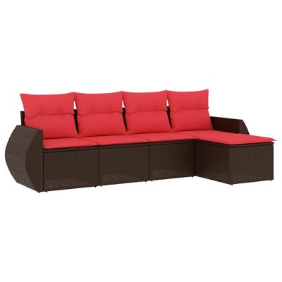 vidaXL Patio Sofa Set with Cushions Outdoor Conversation Furniture Poly Rattan - Brown and Red Without Table