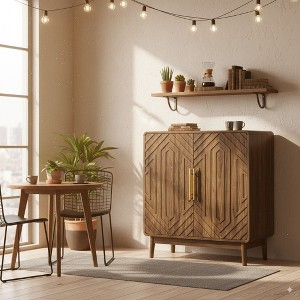 Homy Casa Farmhouse Storage Cabinet with Doors for Entryway or Living Room, Walnut - 1 of 4