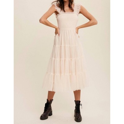 Women's Smocked Ruffle Tiered Mesh Midi Dress - Listicle