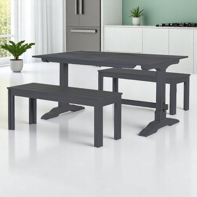3-Piece Retro Dining Table Set, Rectangular Trestle Table and 2 Wood Benches, Vintage Dining Set for Dining Room or Kitchen