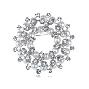 Anna-Kaci Crystal Rhinestone Faux Pearl Flower Swirl Wreath Fashion Pin Brooch - 1 of 4