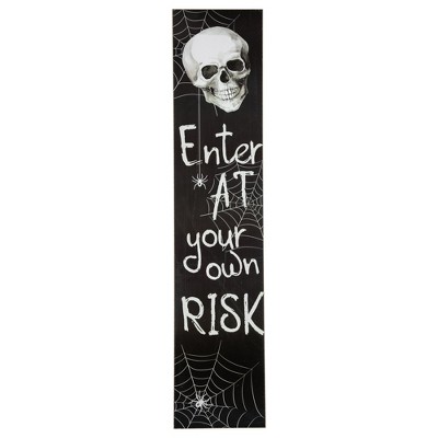 Northlight Skull and Spider "Enter at Your own Risk" Wooden Halloween Porch Sign - 36"