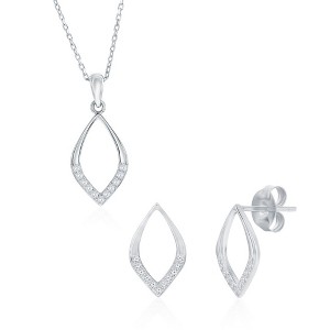 Bella Silver Sterling Silver, Polished & CZ Marquise Necklace & Earrings Set - Silver - 16+2 Inch - 1 of 4