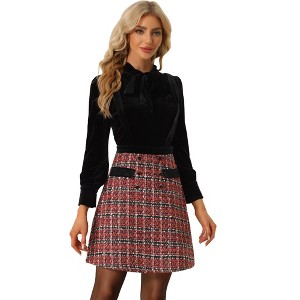 Allegra K Women's Vintage Plaid Suspender Button Decor High Waist Tweed Skirt - 1 of 4