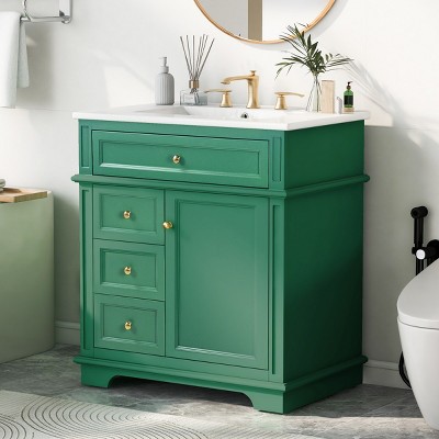 30" Bathroom Vanity With Sink, Bathroom Cabinets Modern With 1 Tip-Out Drawer, 3 Drawers, Door Shelf And Soft Closing Door-Cuddlewood