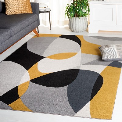 Modern Grey and Gold Black Synthetic Round Area Rug
