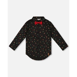 Deux par Deux Boy Printed Poplin Shirt Black and Multicolor with Bow Tie - 1 of 4