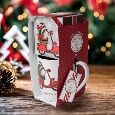 16oz Ceramic Gnome on Motorcycle Mug and Puzzle Gift Set - Peppermint & Pine