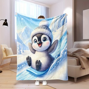Lomsoe Winter Cartoon Penguin Print Flannel Blanket - All Seasons Soft and Warm Throw Blanket for Bed, Napping, Camping, Travel, Office - 1 of 4