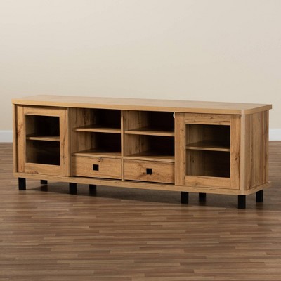 Oak Brown Wood TV Stand with Glass Doors and Drawers