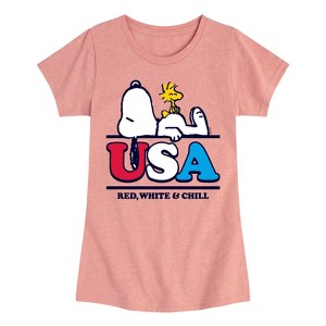 Girls' - Peanuts - Snoopy Woodstock Red White and Chill Fitted Short Sleeve Graphic T-Shirt - 1 of 4