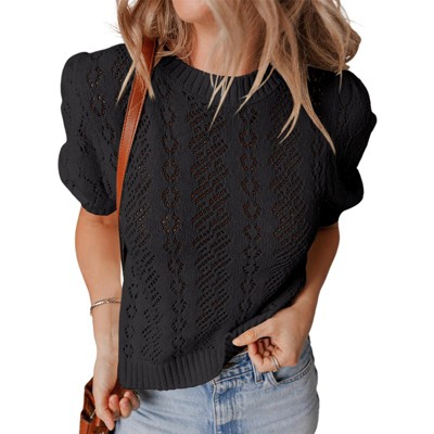 Womens Crochet Sweater with Crew Neck Lantern Short Sleeve Pullover Sweater Summer Tops for Women,Black - 2XL