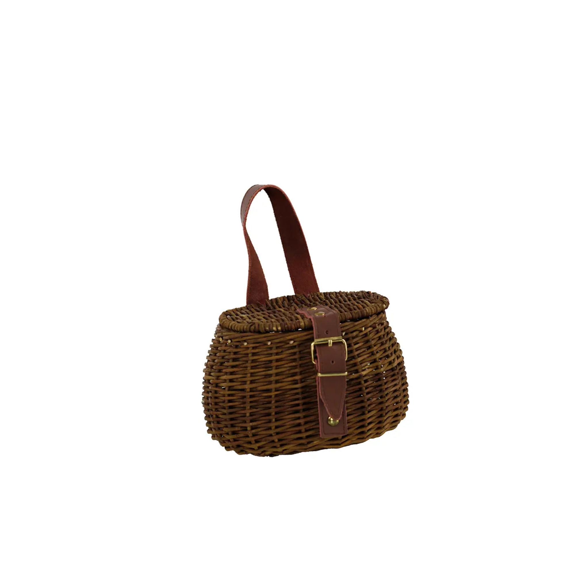 Slickblue Small Handmade Wicker Fishing Creel Basket, Faux Leather Handle and Strap, Rustic Outdoor Accessory, 7.5 Inch