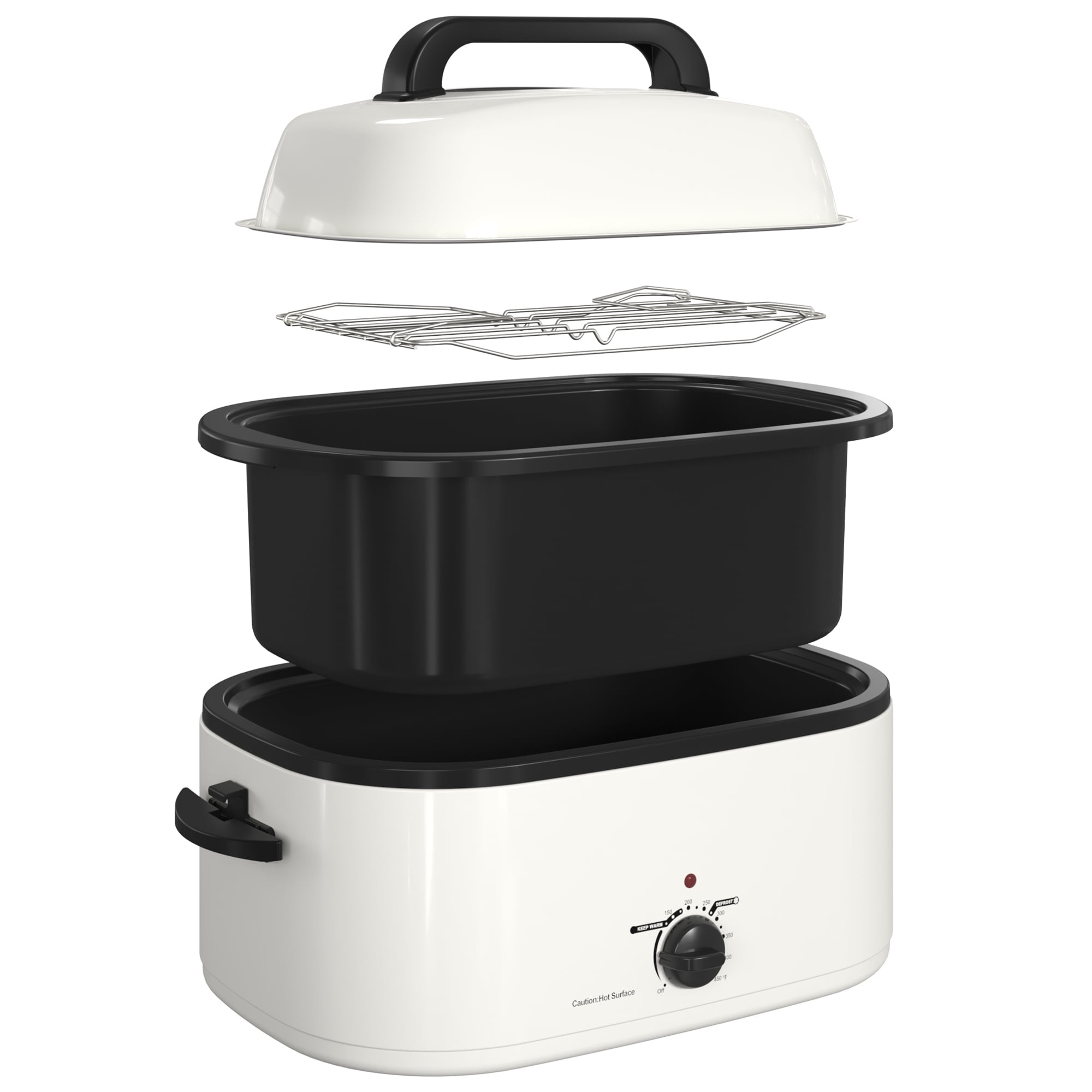 Heynemo 26 Quart Electric Turkey Roaster Oven with Visible Glass Lid, with Removable Pan & Rack, Stainless Steel, White