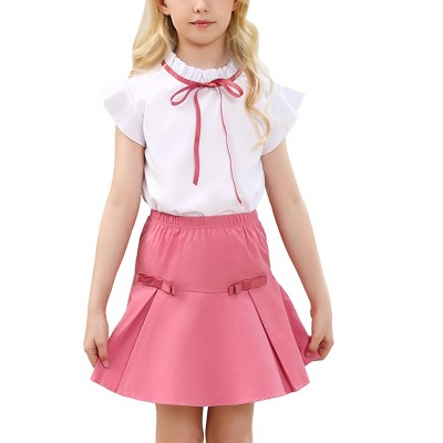 Girls Skirts with Ruffle Sleeve Tops Tie Detail Skirts Ruffled Trim Girls Tops with Pleated Flutter Skirts