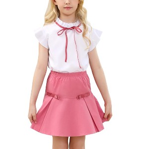 Girls Skirts with Ruffle Sleeve Tops Tie Detail Skirts Ruffled Trim Girls Tops with Pleated Flutter Skirts - 1 of 4