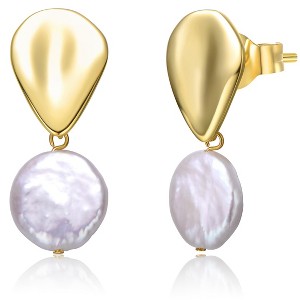 Guili Sterling Silver 14K Yellow Gold Plated Earrings with White Coin Freshwater Pearl, Featuring Raindrop Double Dangle Drop Design - 1 of 2