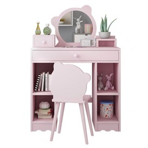 Jojoka Kids Vanity Set with Chair, 2-in-1 Princess Makeup Desk & Dressing Table, Bear-Shaped Mirror, Storage Drawers, Pretend Play Gift - 1 of 4