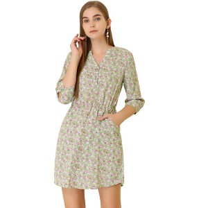 Allegra K Women's Button Front Floral Print Split Neck 3/4 Sleeves Mini Dresses - 1 of 4