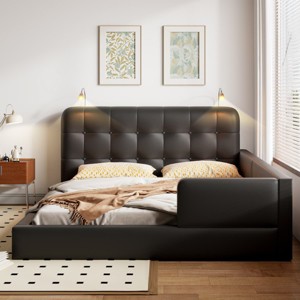 Modern Wooden Queen Size Platform Bed with headboard, PU Leather Upholstered Bed Frame with Adjustable Reading Lights for Bedroom - The Pop Home - 1 of 4