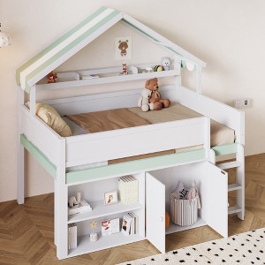 GDFStudio George Full Size Loft Bed with Playhouse Canopy Roof and Built-In Storage Cabinet - 1 of 4