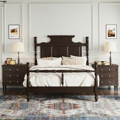 3-Piece Bedroom Sets Vintage Country Style Wood Queen/King Size Four Poster Platform Bed with 2 Three-Drawer Nightstands - ModernLuxe