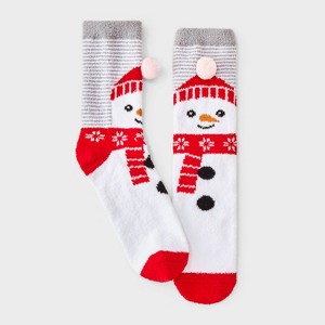 Women's Snowman with 3D Pom Pom Hat Christmas Cozy Crew Socks - Wondershop™ White/Red 4-10 - 1 of 3