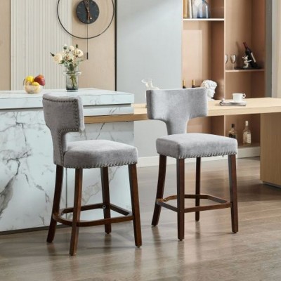 Rustic Linen Counter High Chairs with Back,Mid Century Chair,Upholstered Armless Chair for Compact Dining Area or Living Room-Maison Boucle