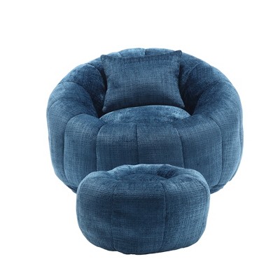 Cesicia Modern Extra Large Round Bean Bag Chair with Footrest, Chenille Fabric Lazy Sofa with Pillow, for Indoor use