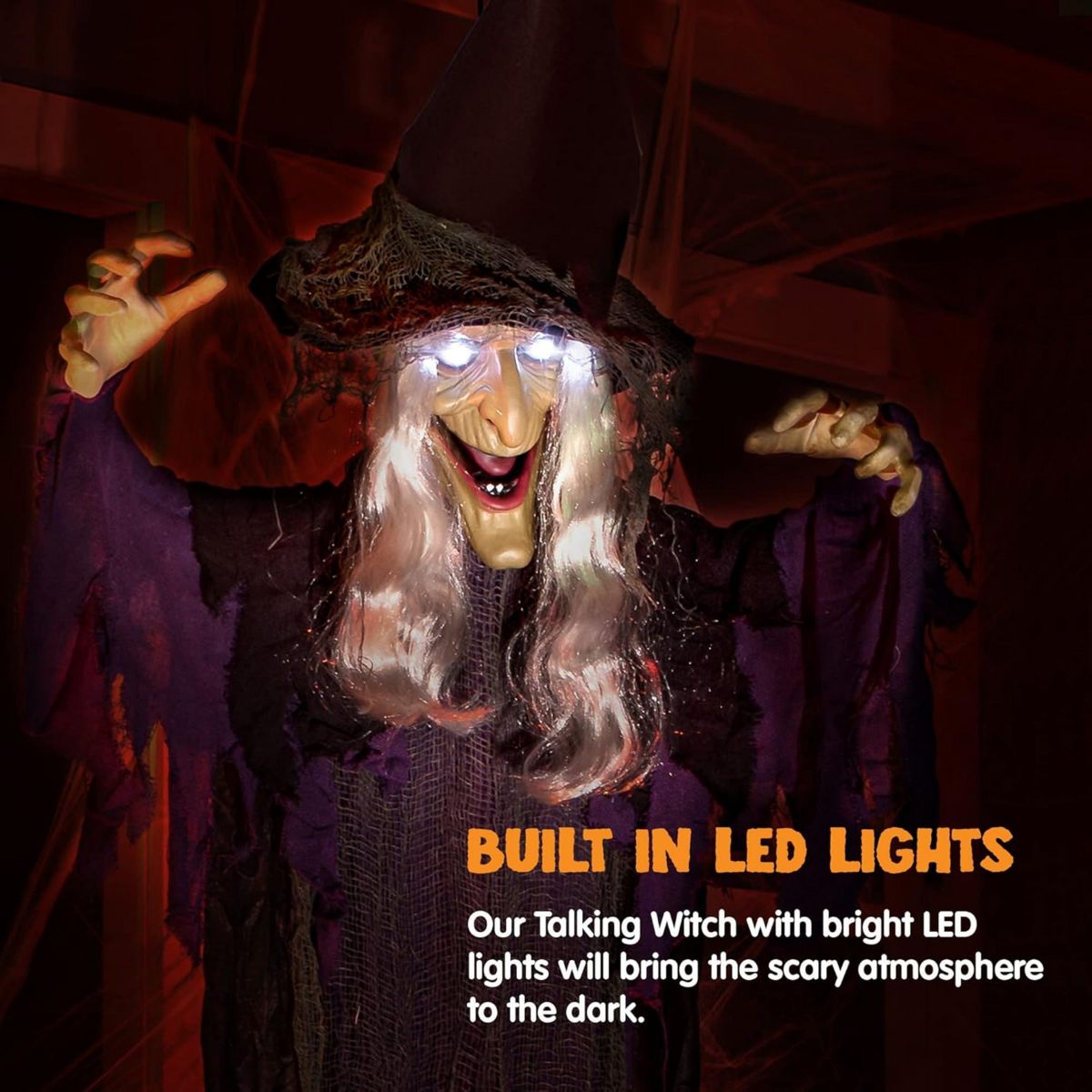 Joyfy Halloween Witch Decoration, Hanging Talking Witch Decorations Prop with Light Up Eyes for Halloween Outdoor, Indoor, Haunted House Decor - thumbnail 2