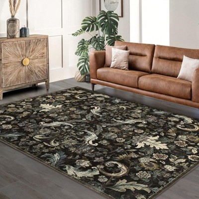 Vintage Floral Area Rug for Living Room Forest Leaves Pattern Rugs for Bedroom Dining Room Office Thin Non Slip Low Pile Rug