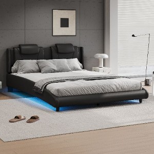 CAVINAS Modern Queen Size Bed Frame, Faux Leather Upholstered Platform Bed Frame with LED Light and Adjustable Headboard - 1 of 4