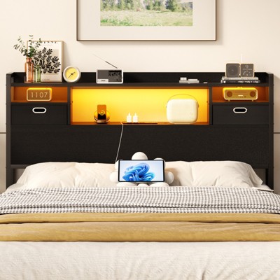 Aheaplus Storage Headboard with Power Outlet and RGB LED Lights, Head Board with Fabric Drawers