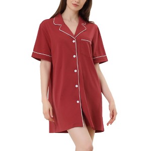 cheibear Women's Notched Collar Button Down Pajama Shirt Dress with Pocket - 1 of 4