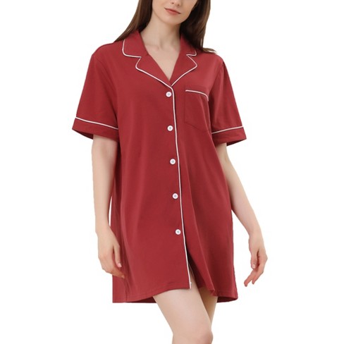 cheibear Women's Notched Collar Button Down Pajama Shirt Dress Nightgowns  Red Large