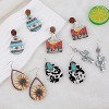 12 pairs of women's Bohemian style denim vintage turquoise print leather and wood teardrop pendant earrings. - 3 of 4