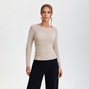 Women's Long Sleeve Ruched Blouse - A New Day™ Beige - 1 of 4