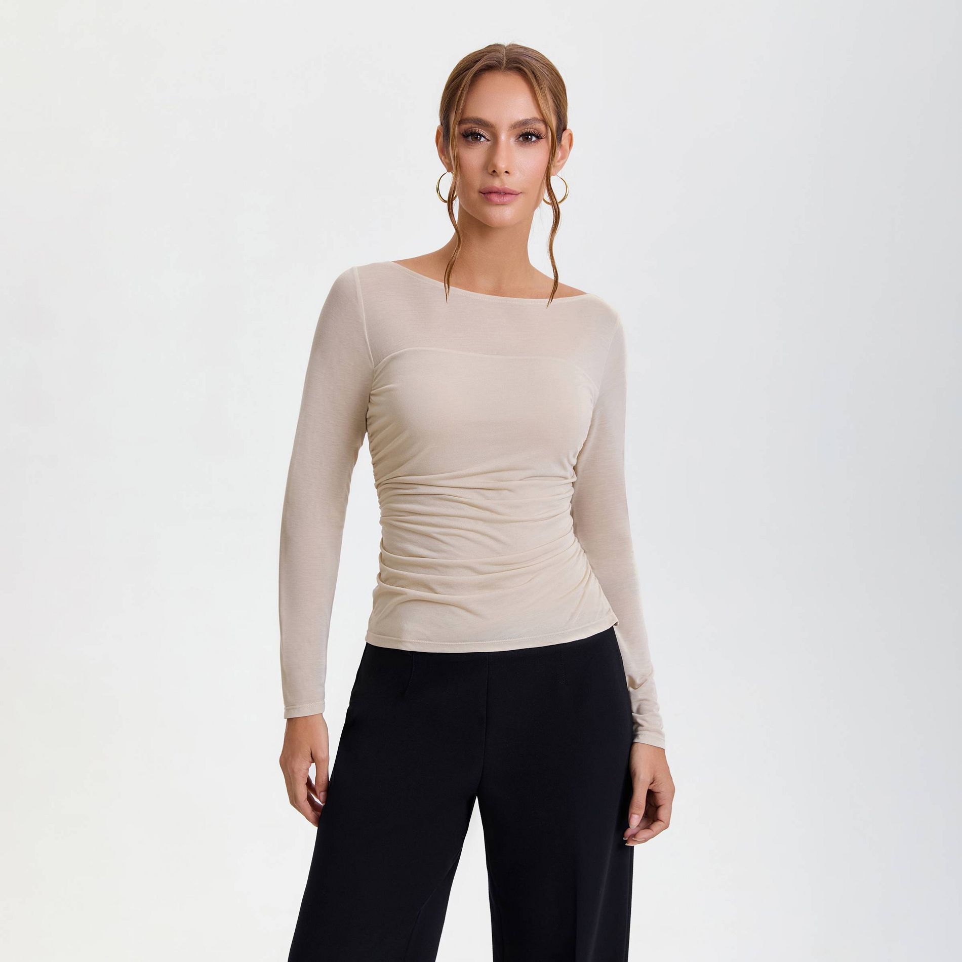 Women's Long Sleeve Ruched Blouse - A New Day™ Beige