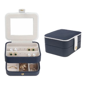 Unique Bargains PU Leather 2 Layer Storage Display Holder Jewelry Box with Mirror and Removable Jewelry Tray for Women - 1 of 4