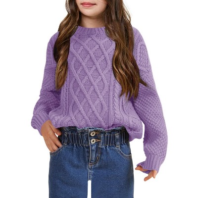 Girls' Cable Knit Sweater, Crew Neck Long - Sleeve Pullover for Kids, Casual Winter Fall Knitted Top