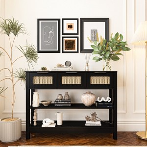 ORRD 43.3” Farmhouse Sofa Table with 3 Drawers & 2 Shelves, Entryway Console Table with Rattan Design, Adjustable Shelf & Anti-Tip Strap - 1 of 4