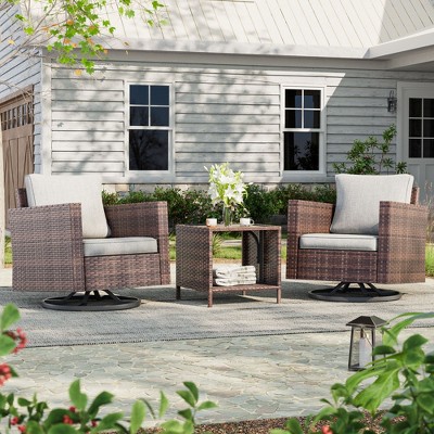 Sonkuki 3-Piece Patio Chair Set Brown Rattan Swivel Rocking Chair Set Coffee Table Suiting Backyard
