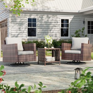 Sonkuki 3-Piece Patio Chair Set Brown Rattan Swivel Rocking Chair Set Coffee Table Suiting Backyard - 1 of 4