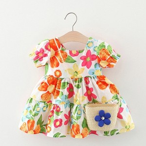 MyKids-USA Baby Floral Pattern Short Sleeve Crewneck Dress with Purse - 1 of 4