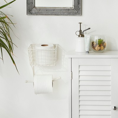 Antique White Metal Farmhouse Toilet Paper Holder with Storage Basket