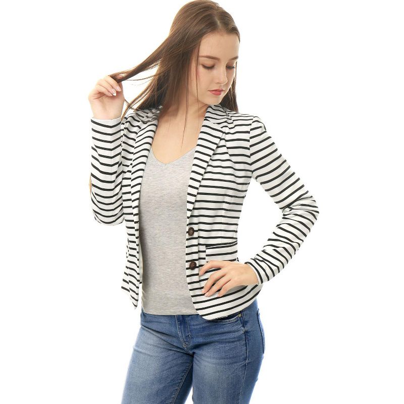 Allegra K Women's Notched Collar Long Sleeve Button Front Striped Blazers, 1 of 7