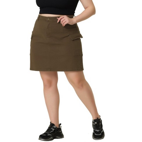 Agnes Orinda Women's Plus Size A-Line Zipper Front Flare Denim Mini Skirts  Brown 4X