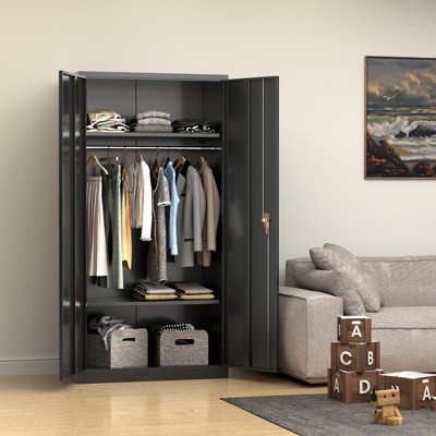Black Metal Freestanding Wardrobe with Adjustable Shelves and Lockable Doors